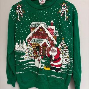 Vintage 90’s Festive Green Holiday Sweater with Santa and Snowman village size M
